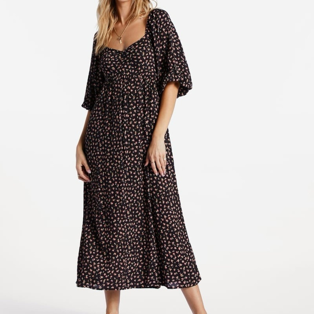 Billabong Floral Puff Sleeve Maxi Dress Sweetheart Neckline